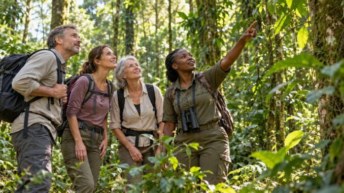 Reisegruppe entdeckt mit einer Naturführerin den tropischen Wald.