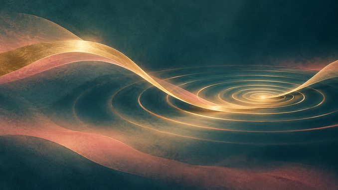 528 Hz als Klangsymbol mit goldenen Wellen auf petrolfarbenem Grund