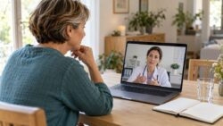 Cannabis online kaufen - Frau spricht per Videosprechstunde mit einer Ärztin