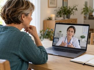 Frau spricht per Videosprechstunde mit einer Ärztin