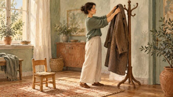 Parentifizierung als Symbolbild: Eine Frau hängt einen großen Mantel auf; daneben steht ein freier Kinderstuhl.