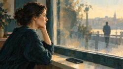 Limerenz als Symbolillustration: nachdenkliche Frau am Fenster mit entfernter menschlicher Silhouette