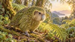Kakapo mit grünem Gefieder zwischen Farnen im neuseeländischen Wald – Illustration