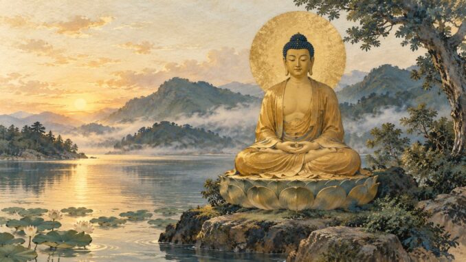 Amida Buddha als Illustration: eine goldene sitzende Gestalt auf einem Lotussitz vor einer ruhigen Seelandschaft