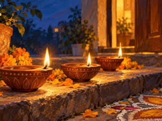 Diwali-Symbolbild: drei leuchtende Tonlampen mit Blüten und Rangoli vor einer Haustür