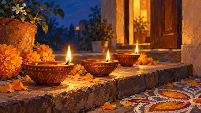 Diwali-Symbolbild: drei leuchtende Tonlampen mit Blüten und Rangoli vor einer Haustür