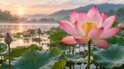 Rosafarbene Lotusblüte über einem stillen Teich im Morgenlicht