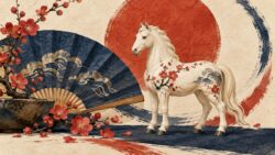 Japanische Sternzeichen als Illustration: eine helle Pferdefigur vor einem blauen Fächer und roten Blüten
