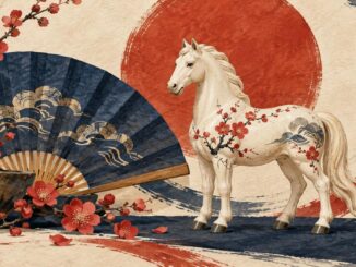 Japanische Sternzeichen als Illustration: eine helle Pferdefigur vor einem blauen Fächer und roten Blüten