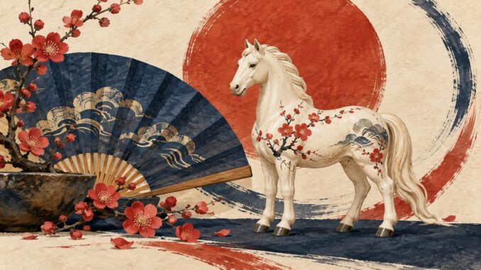 Japanische Sternzeichen als Illustration: eine helle Pferdefigur vor einem blauen Fächer und roten Blüten